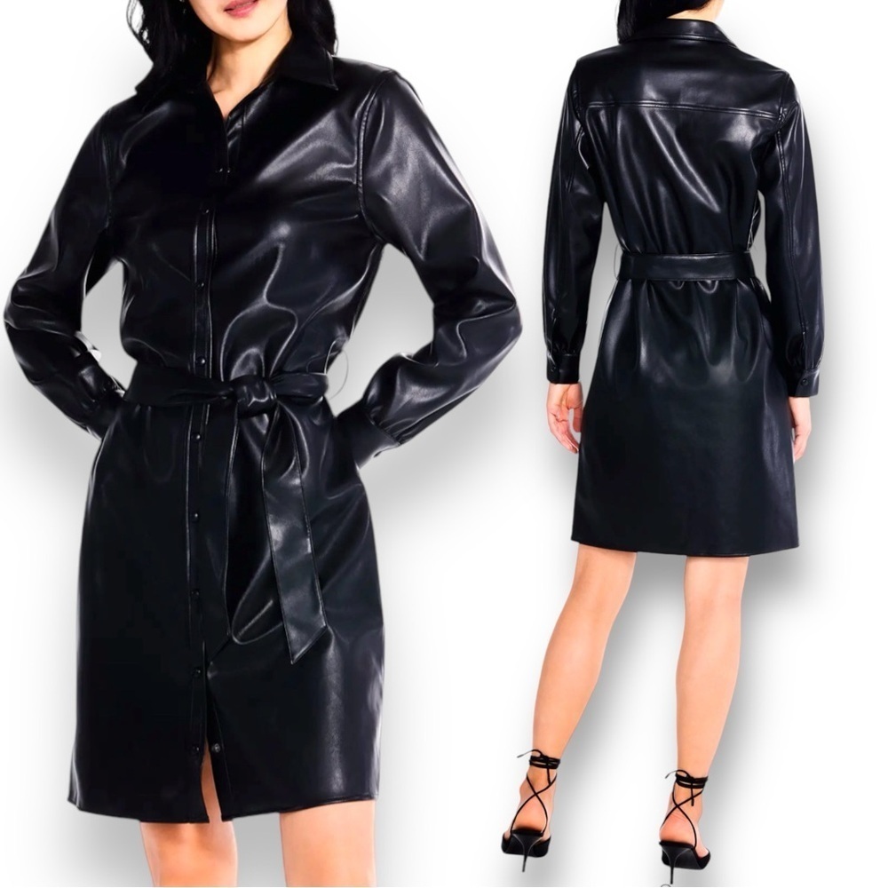 NWT Nic+Zoe Womens Black Faux Leather Knee Length Shirtdress Size Large and XL